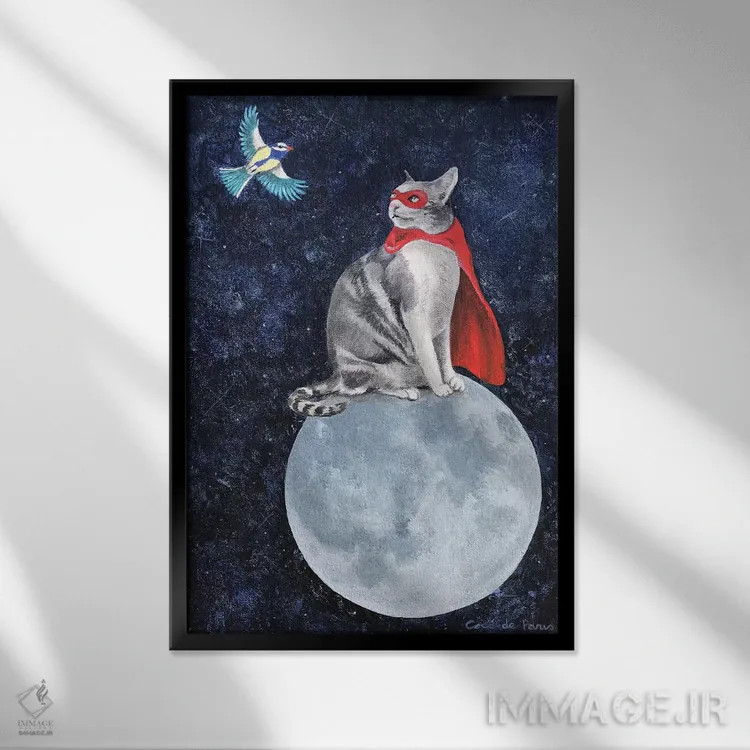 تابلو دکوراتیو گربه با پرنده اثر کوکو د پاریس - نمای قابدار مشکی