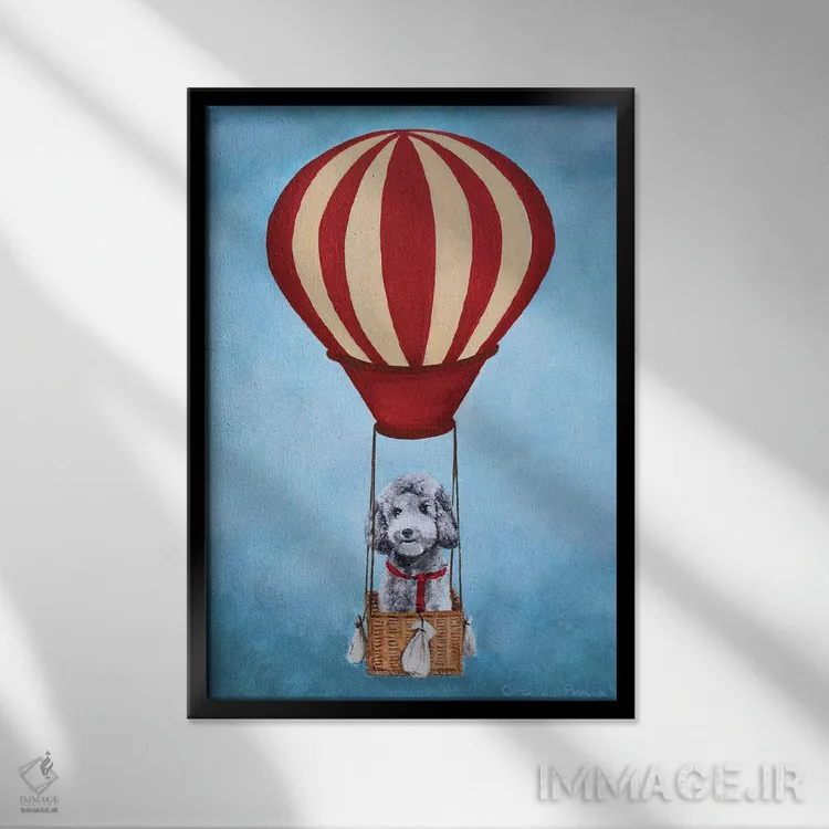 تابلو دکوراتیو پودل با بالن هوای گرم اثر کوکو د پاریس - نمای قابدار مشکی