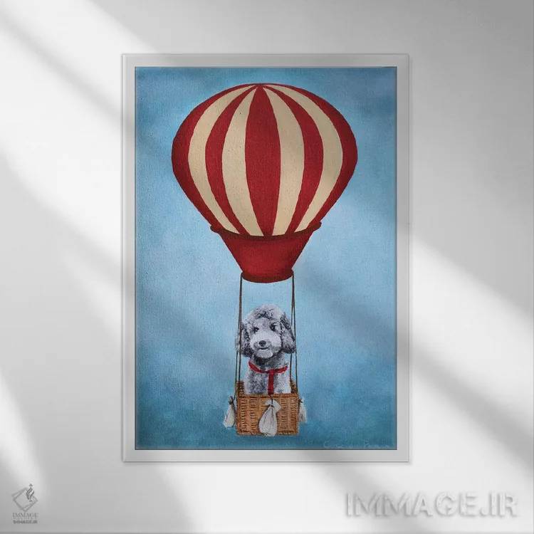 تابلو دکوراتیو پودل با بالن هوای گرم اثر کوکو د پاریس - نمای قابدار سفید