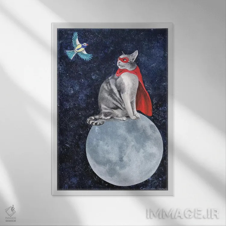 تابلو دکوراتیو گربه با پرنده اثر کوکو د پاریس - نمای قابدار سفید