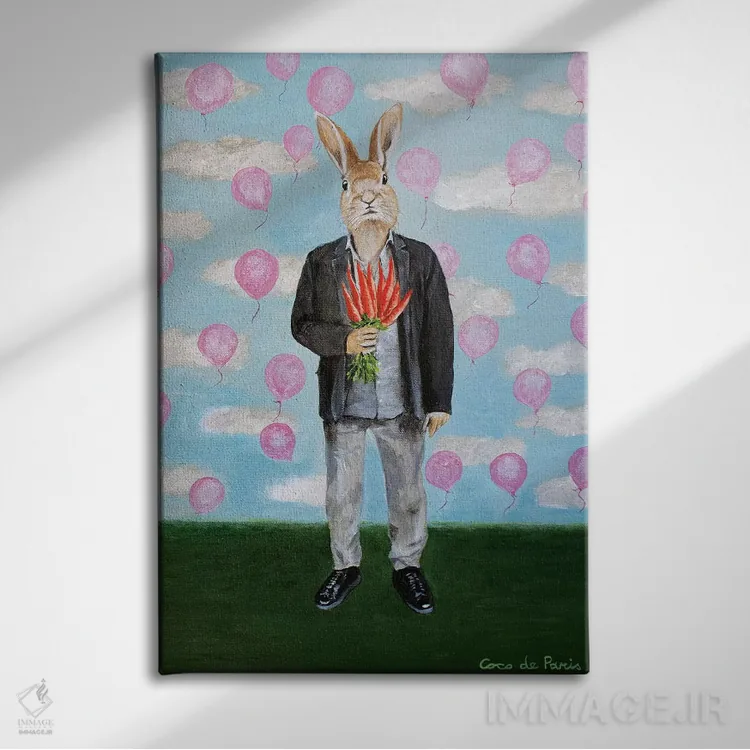 تابلو دکوراتیو خرگوش با بادکنک ها اثر کوکو د پاریس - نمای روبهرو روی دیوار