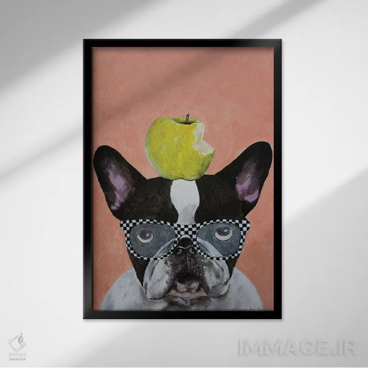 تابلو دکوراتیو بولداگ فرانسوی با سیب اثر کوکو د پاریس - نمای قابدار مشکی