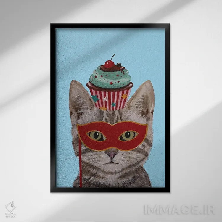تابلو دکوراتیو گربه با کیک کوچک اثر کوکو د پاریس - نمای قابدار مشکی