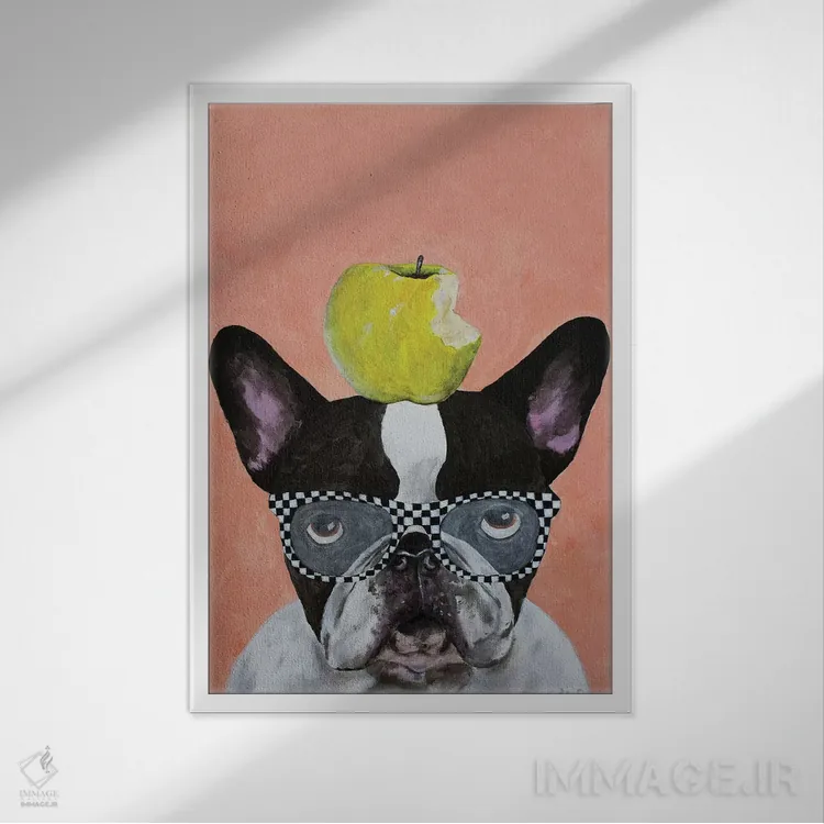 تابلو دکوراتیو بولداگ فرانسوی با سیب اثر کوکو د پاریس - نمای قابدار سفید