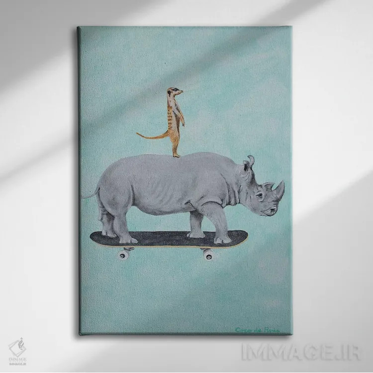 تابلو دکوراتیو کرگدن و میرکت در حال اسکیت سواری اثر کوکو د پاریس - نمای روبهرو روی دیوار