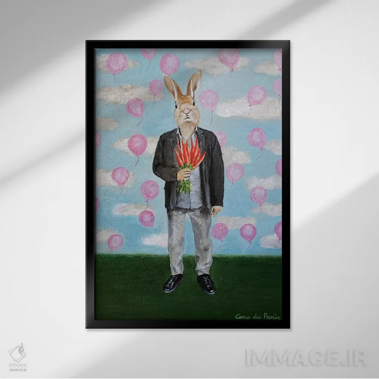 تابلو دکوراتیو خرگوش با بادکنک ها اثر کوکو د پاریس - نمای قابدار مشکی