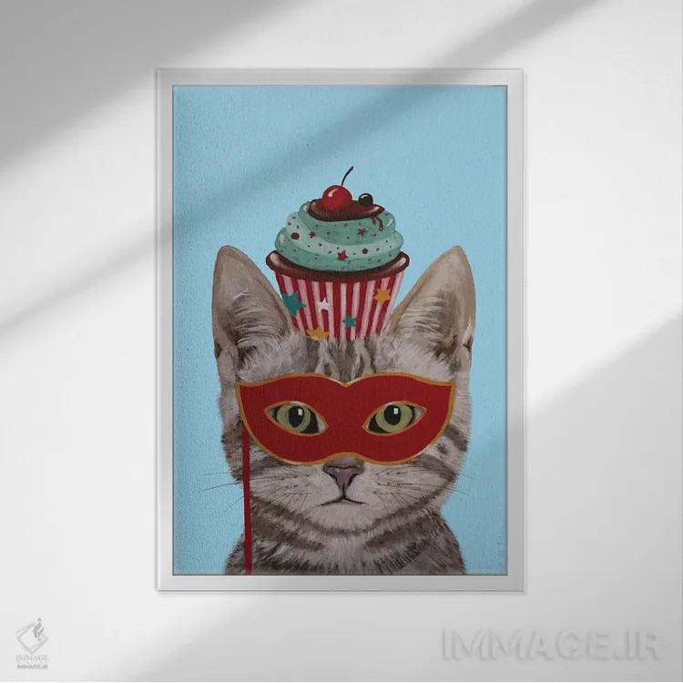 تابلو دکوراتیو گربه با کیک کوچک اثر کوکو د پاریس - نمای قابدار سفید