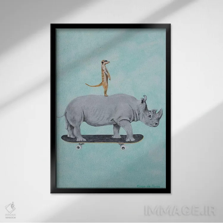 تابلو دکوراتیو کرگدن و میرکت در حال اسکیت سواری اثر کوکو د پاریس - نمای قابدار مشکی