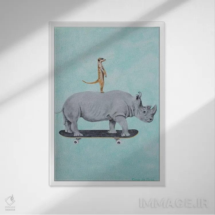 تابلو دکوراتیو کرگدن و میرکت در حال اسکیت سواری اثر کوکو د پاریس - نمای قابدار سفید