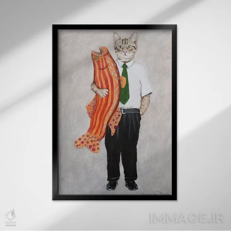 تابلو دکوراتیو گربه با ماهی بزرگ اثر کوکو د پاریس - نمای قابدار مشکی