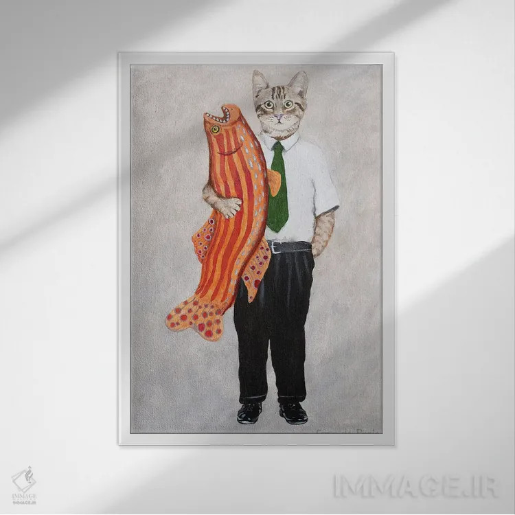 تابلو دکوراتیو گربه با ماهی بزرگ اثر کوکو د پاریس - نمای قابدار سفید