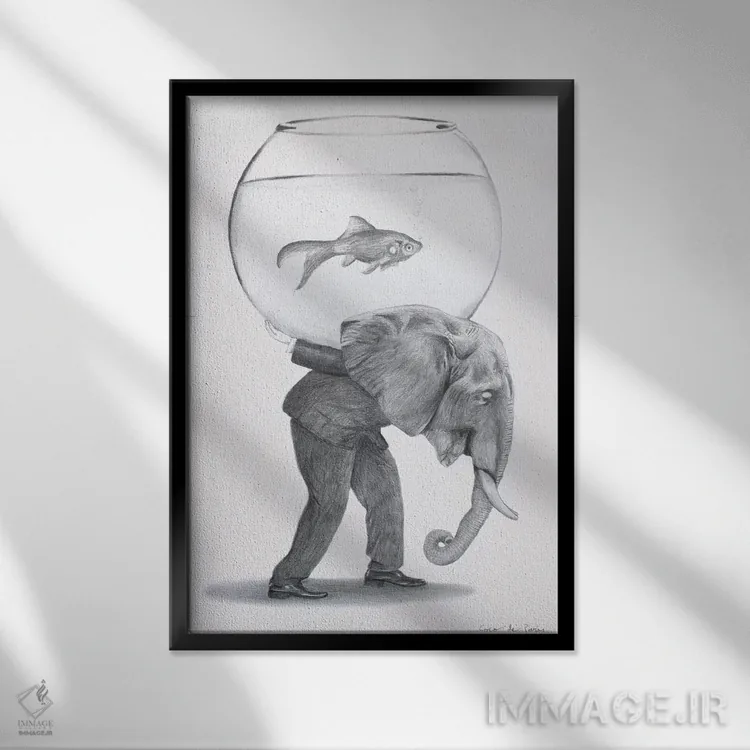 تابلو دکوراتیو فیل با تنگ ماهی اثر کوکو د پاریس - نمای قابدار مشکی