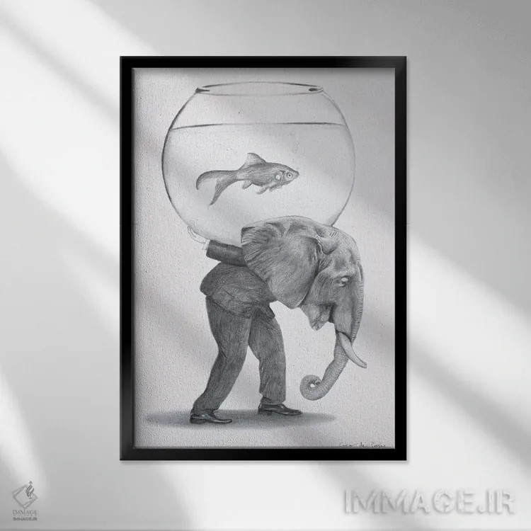 تابلو دکوراتیو فیل با تنگ ماهی اثر کوکو د پاریس - نمای قابدار مشکی
