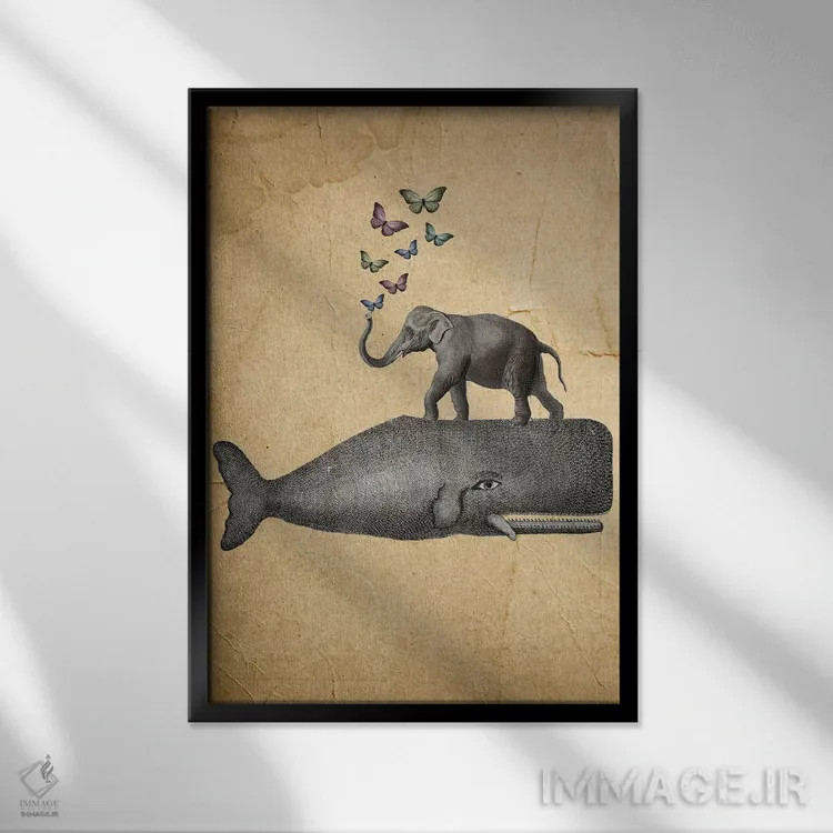 تابلو دکوراتیو فیل روی نهنگ اثر کوکو د پاریس - نمای قابدار مشکی