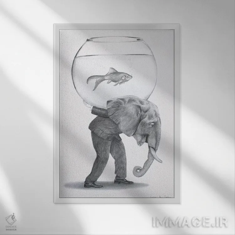 تابلو دکوراتیو فیل با تنگ ماهی اثر کوکو د پاریس - نمای قابدار سفید