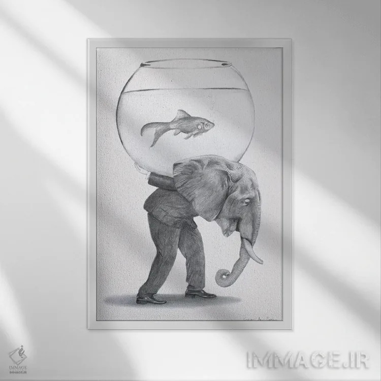 تابلو دکوراتیو فیل با تنگ ماهی اثر کوکو د پاریس - نمای قابدار سفید