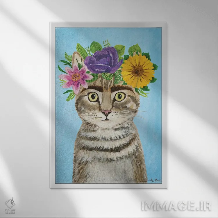 تابلو دکوراتیو گربه فریدا کالو آبی اثر کوکو د پاریس - نمای قابدار سفید