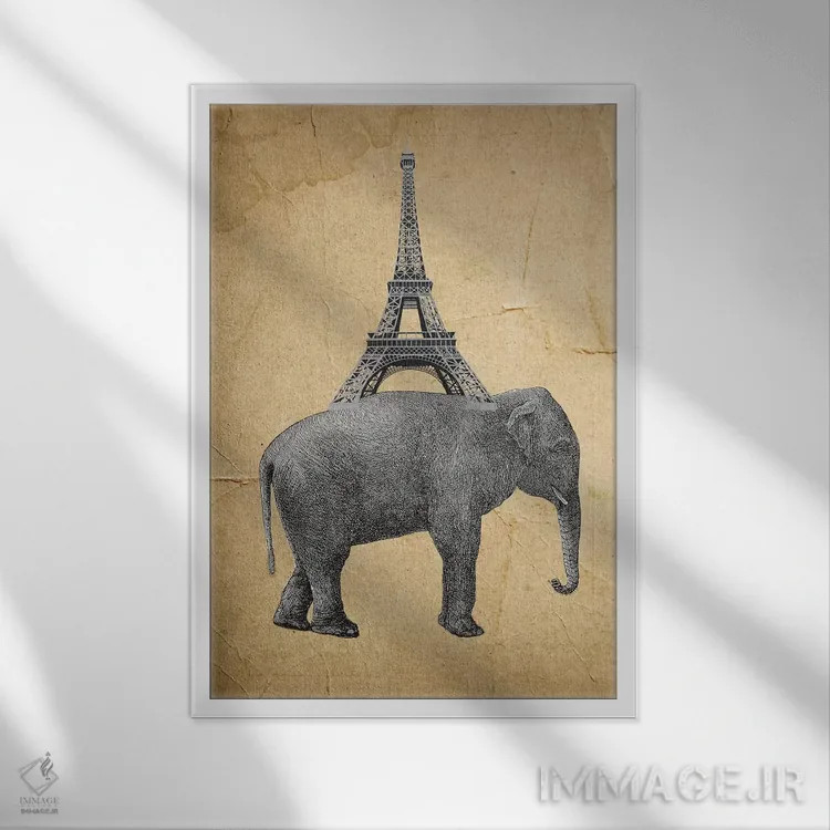 تابلو دکوراتیو فیل با برج ایفل اثر کوکو د پاریس - نمای قابدار سفید