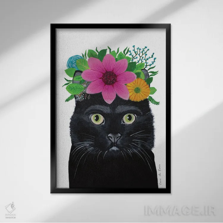 تابلو دکوراتیو گربه سیاه فریدا کالو اثر کوکو د پاریس - نمای قابدار مشکی