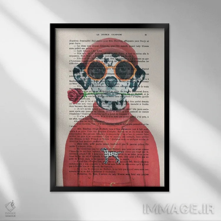 تابلو دکوراتیو سگ دالماتین با گل قرمز اثر کوکو د پاریس - نمای قابدار مشکی