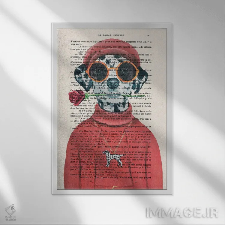 تابلو دکوراتیو سگ دالماتین با گل قرمز اثر کوکو د پاریس - نمای قابدار سفید