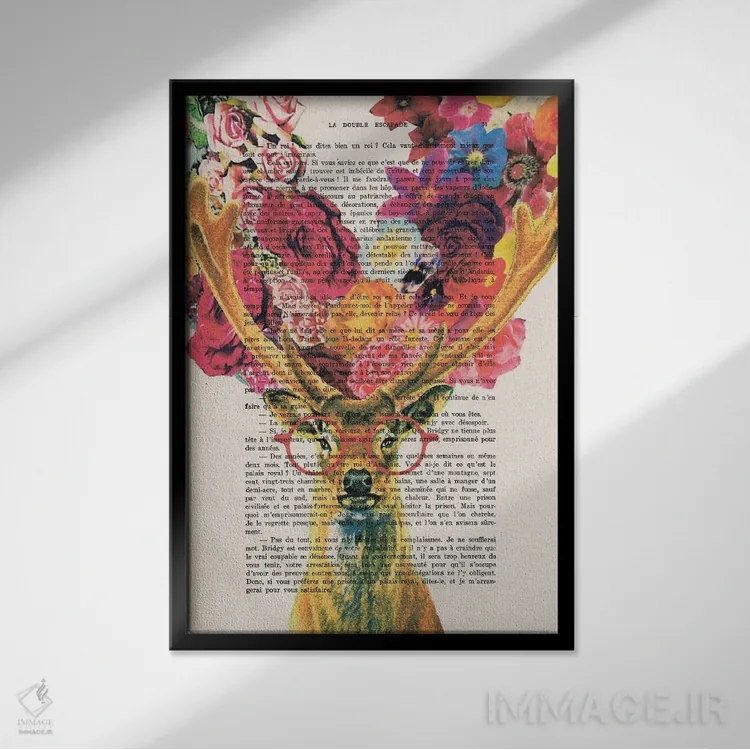 تابلو دکوراتیو آهو با گل ها اثر کوکو د پاریس - نمای قابدار مشکی