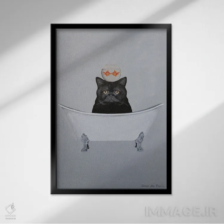تابلو دکوراتیو گربه سیاه در وان حمام اثر کوکو د پاریس - نمای قابدار مشکی