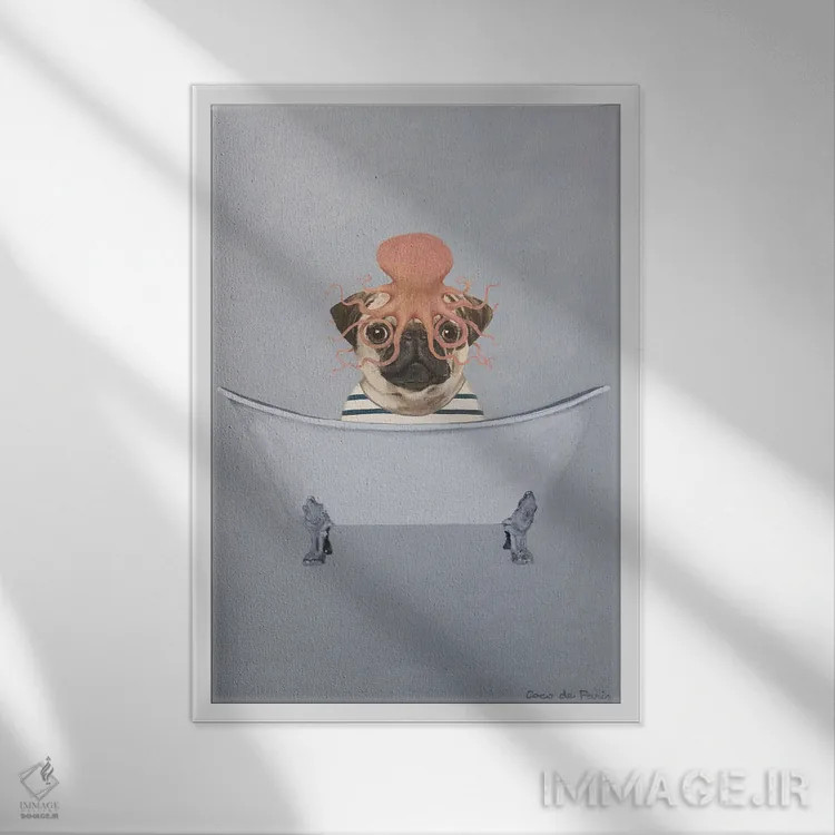 تابلو دکوراتیو پاگ با هشت پا در وان حمام اثر کوکو د پاریس - نمای قابدار سفید