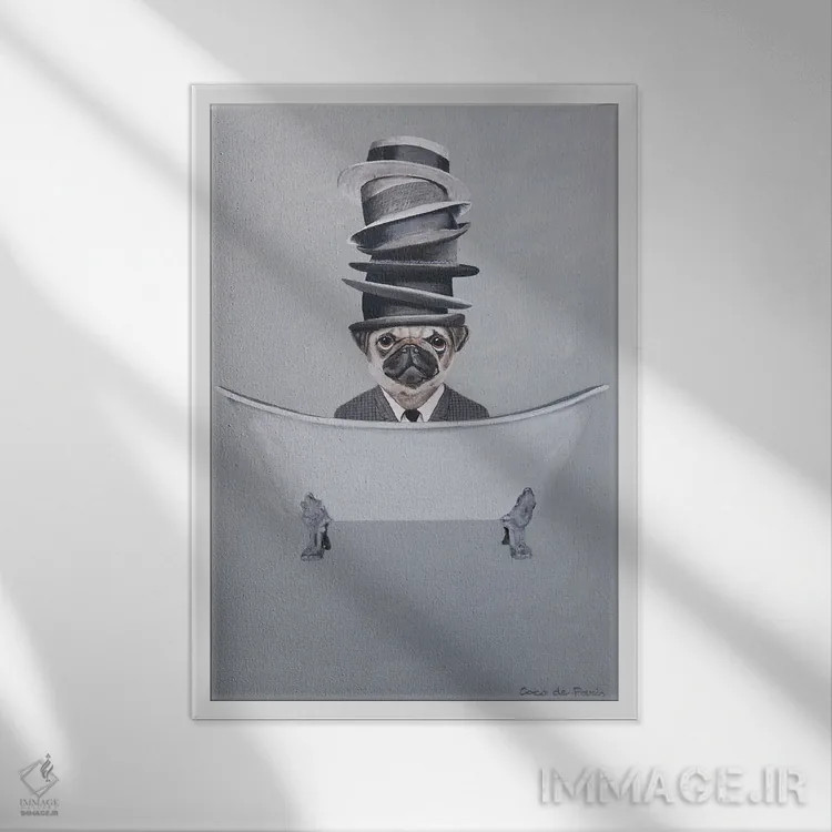 تابلو دکوراتیو پاگ با کلاه های روی هم در وان حمام اثر کوکو د پاریس - نمای قابدار سفید