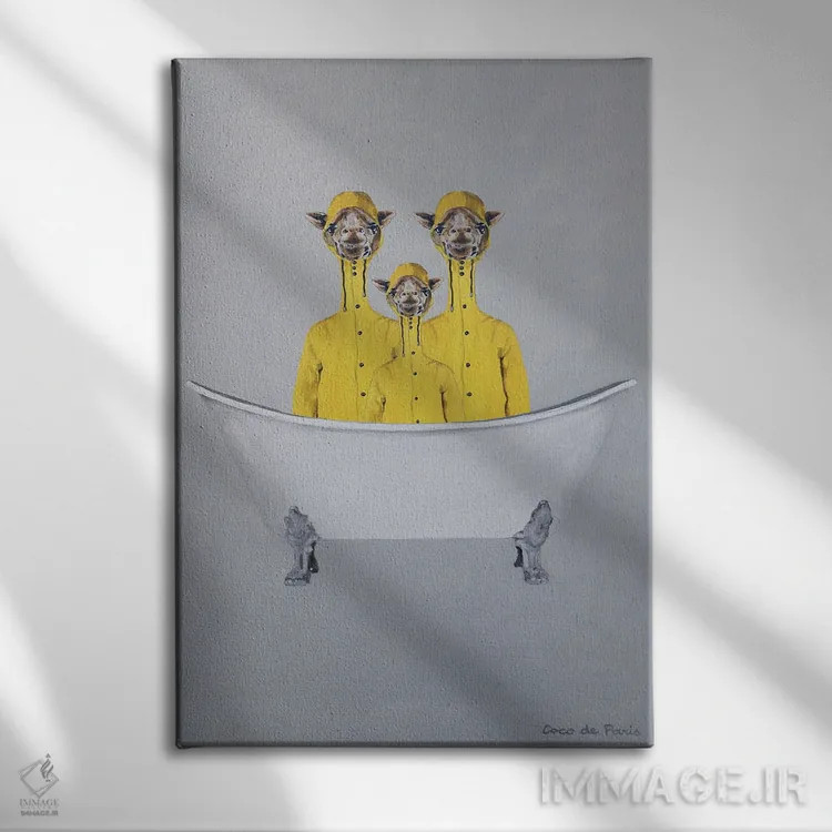 تابلو دکوراتیو زرافه ها با بارانی در وان حمام اثر کوکو د پاریس - نمای روبهرو روی دیوار