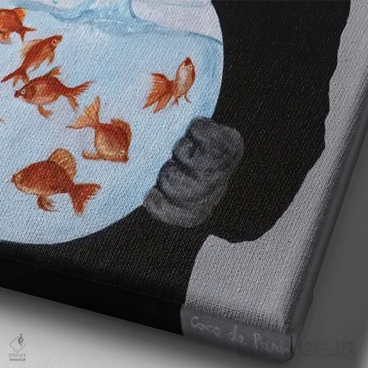 تابلو دکوراتیو گربه سیاه با تنگ ماهی اثر کوکو د پاریس - نمای نزدیک بافت بوم