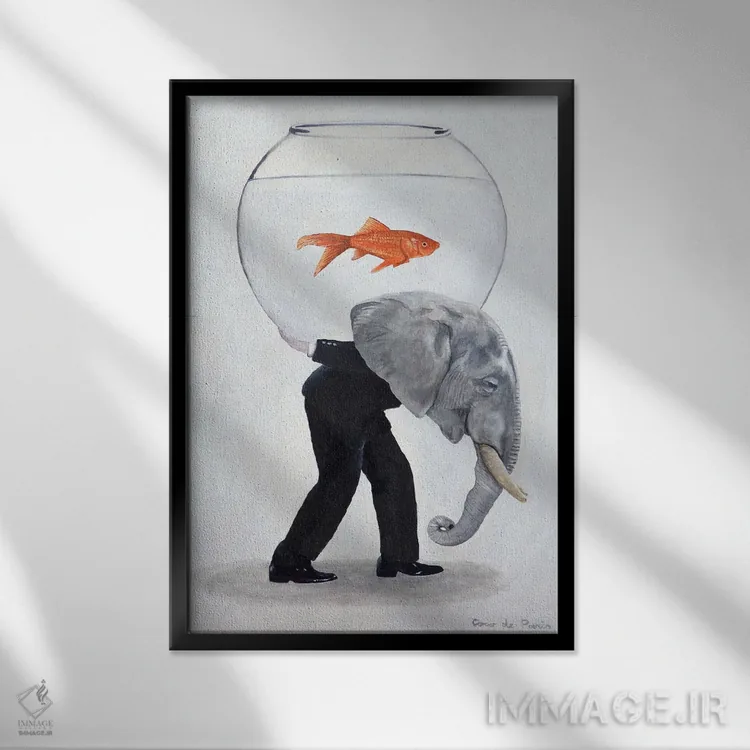 تابلو دکوراتیو فیل حمل کننده تنگ ماهی اثر کوکو د پاریس - نمای قابدار مشکی