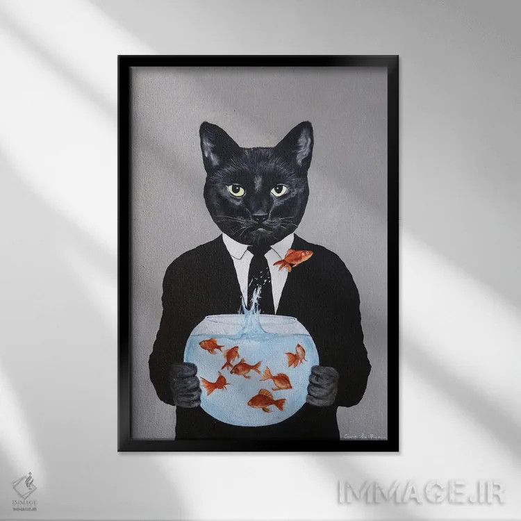 تابلو دکوراتیو گربه سیاه با تنگ ماهی اثر کوکو د پاریس - نمای قابدار مشکی