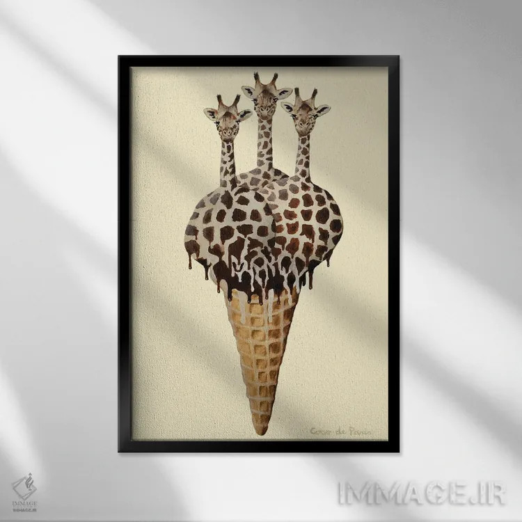 تابلو دکوراتیو زرافه های بستنی خور اثر کوکو د پاریس - نمای قابدار مشکی