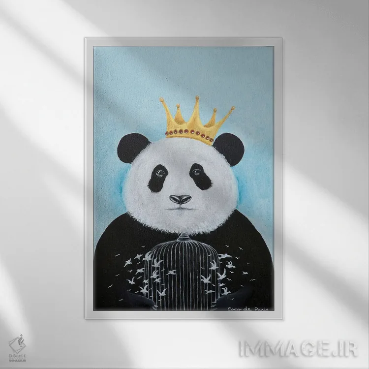 تابلو دکوراتیو پاندا با قفس پرنده اثر کوکو د پاریس - نمای قابدار سفید
