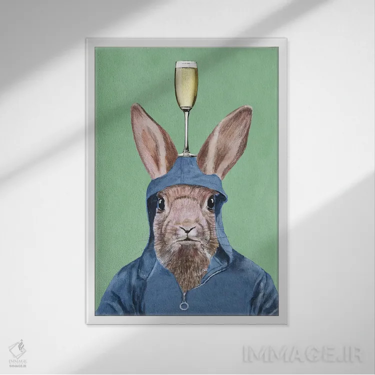 تابلو دکوراتیو خرگوش با جام شامپاین اثر کوکو د پاریس - نمای قابدار سفید