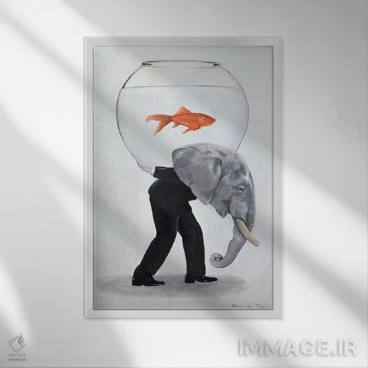 تابلو دکوراتیو فیل حمل کننده تنگ ماهی اثر کوکو د پاریس - نمای قابدار سفید