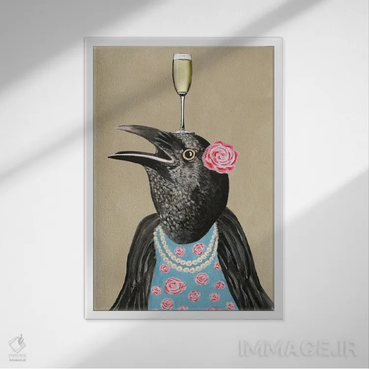 تابلو دکوراتیو کلاغ با جام شامپاین اثر کوکو د پاریس - نمای قابدار سفید