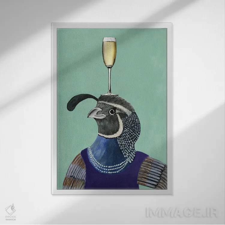 تابلو دکوراتیو بلدرچین با جام شامپاین اثر کوکو د پاریس - نمای قابدار سفید