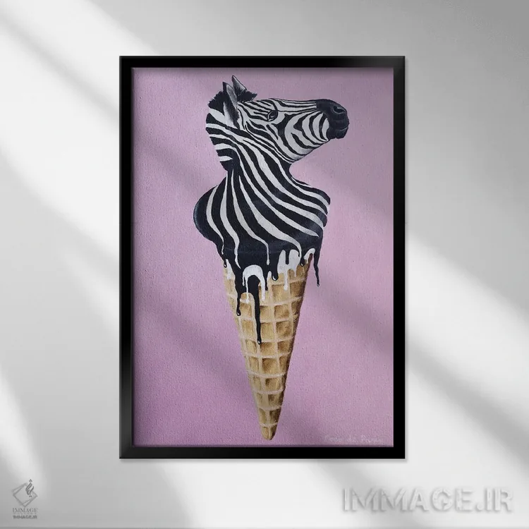 تابلو دکوراتیو گورخر بستنی خور اثر کوکو د پاریس - نمای قابدار مشکی