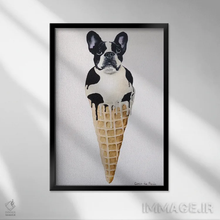 تابلو دکوراتیو بولداگ فرانسوی بستنی خور اثر کوکو د پاریس - نمای قابدار مشکی