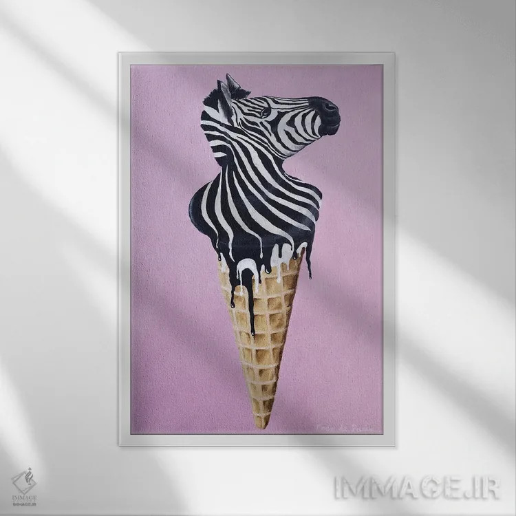 تابلو دکوراتیو گورخر بستنی خور اثر کوکو د پاریس - نمای قابدار سفید