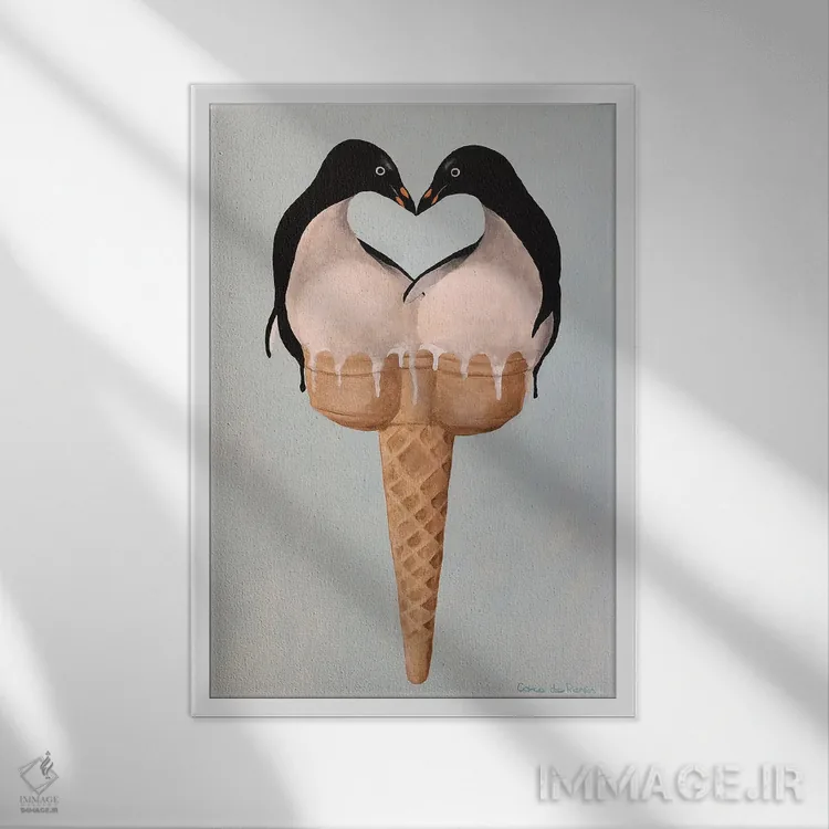 تابلو دکوراتیو عشق پنگوئن بستنی ای اثر کوکو د پاریس - نمای قابدار سفید