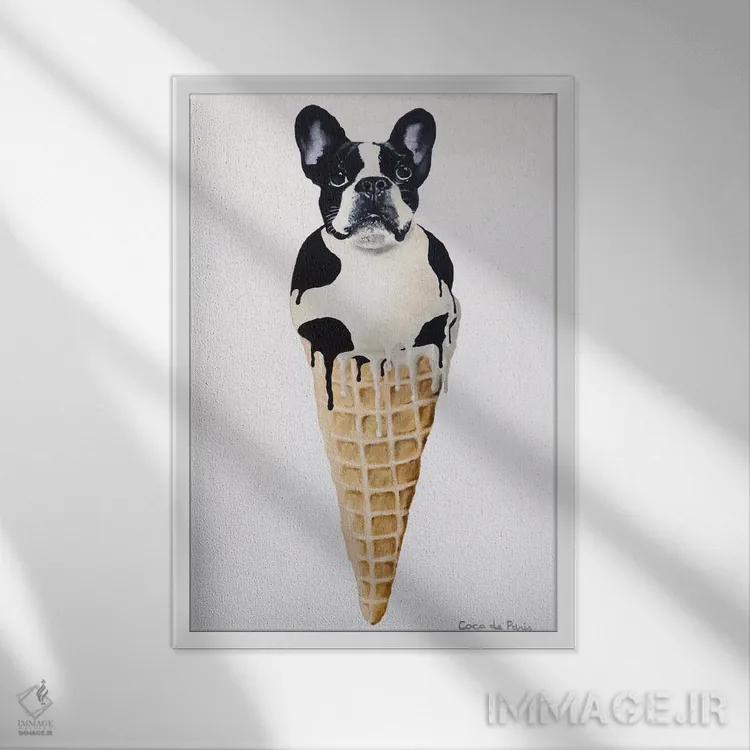 تابلو دکوراتیو بولداگ فرانسوی بستنی خور اثر کوکو د پاریس - نمای قابدار سفید
