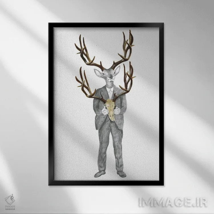 تابلو دکوراتیو گوزن با جمجمه گوزن اثر کوکو د پاریس - نمای قابدار مشکی