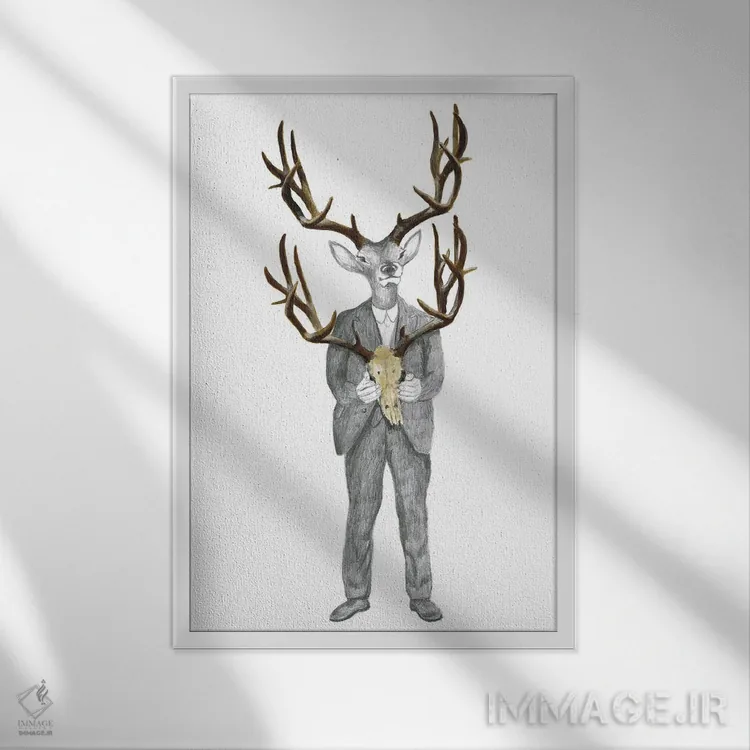 تابلو دکوراتیو گوزن با جمجمه گوزن اثر کوکو د پاریس - نمای قابدار سفید