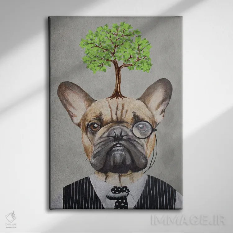 تابلو دکوراتیو بولداگ فرانسوی با یک درخت اثر کوکو د پاریس - نمای روبهرو روی دیوار