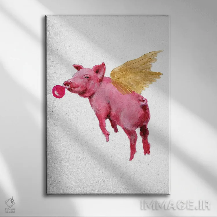 تابلو دکوراتیو خوک پرنده با آدامس بادکنکی اثر کوکو د پاریس - نمای روبهرو روی دیوار