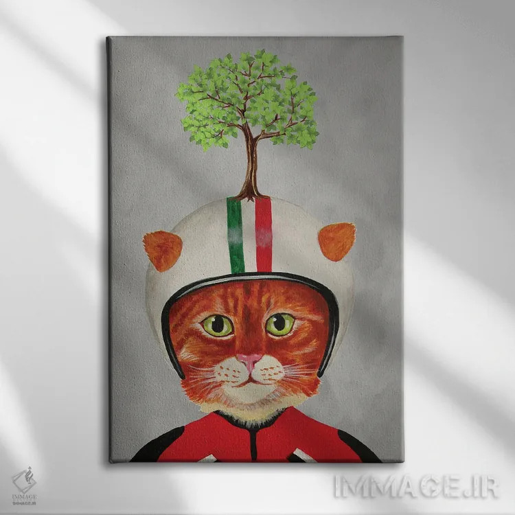تابلو دکوراتیو گربه با کلاه ایمنی و درخت اثر کوکو د پاریس - نمای روبهرو روی دیوار