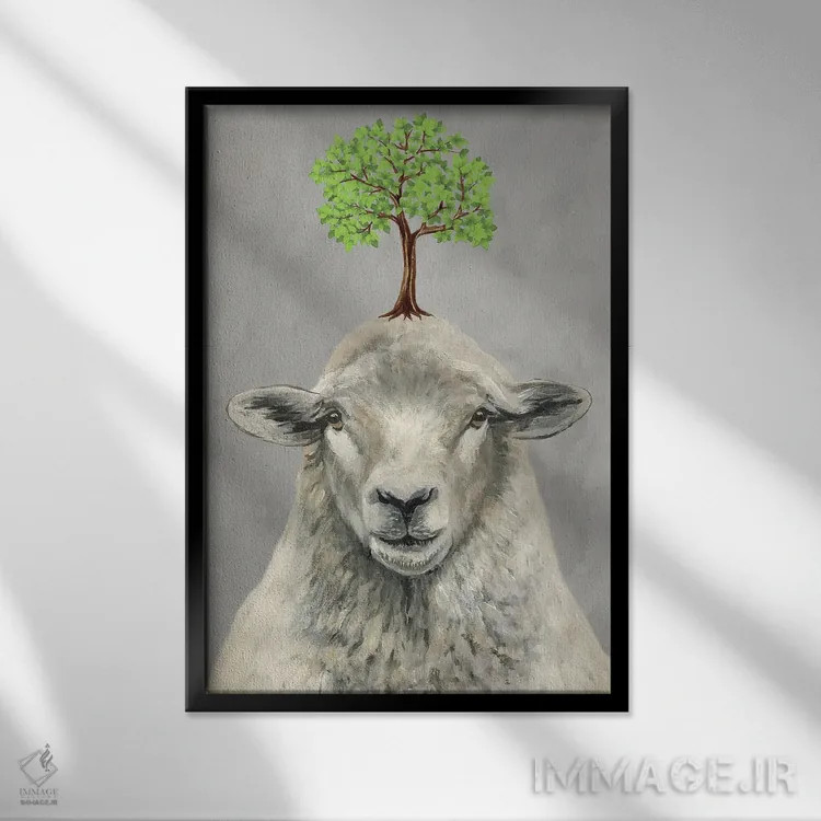 تابلو دکوراتیو گوسفند با یک درخت اثر کوکو د پاریس - نمای قابدار مشکی